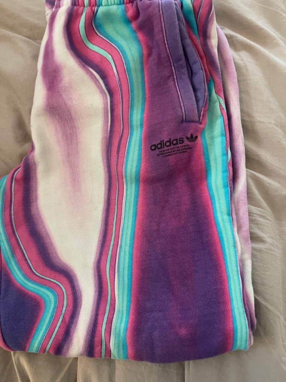 adidas young Mens Size M Marble-Stripe Sweatpants in Purple, Turquoise & Pink